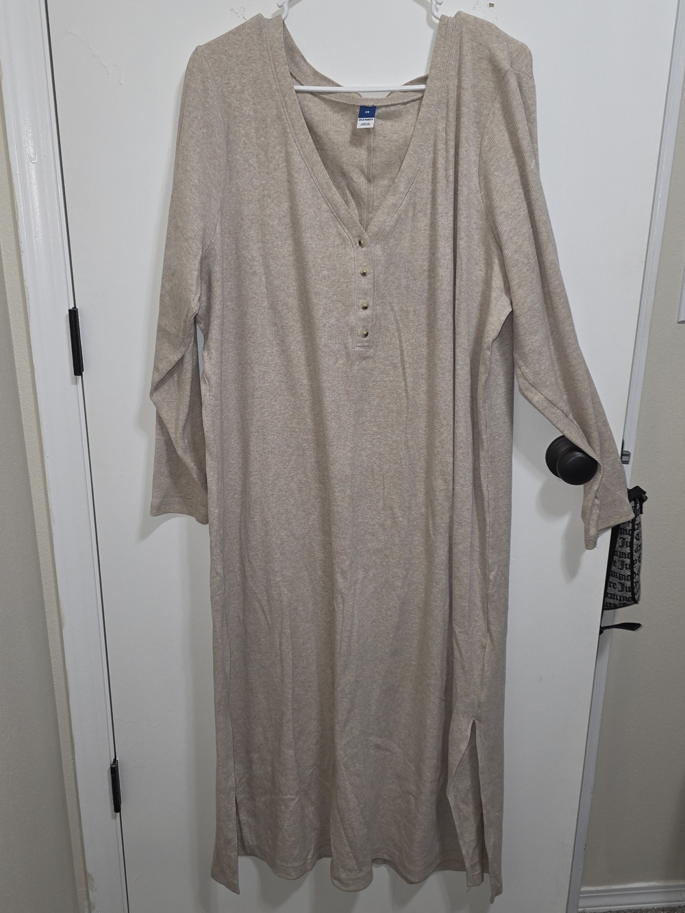 Old Navy Oatmeal Ribbed Henley Maxi Dress | Long Sleeve Button-Front | Plus Size